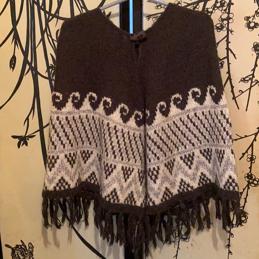 Max Studio Charcoal Gray White Mohair Wool Blend Poncho SweaterW/Fringe Boho